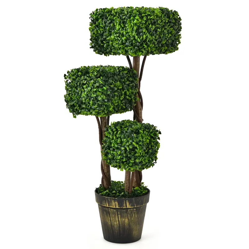 36-Inch Triple-Square Boxwood Topiary Tree – Architectural Artificial Plant with Cement Base