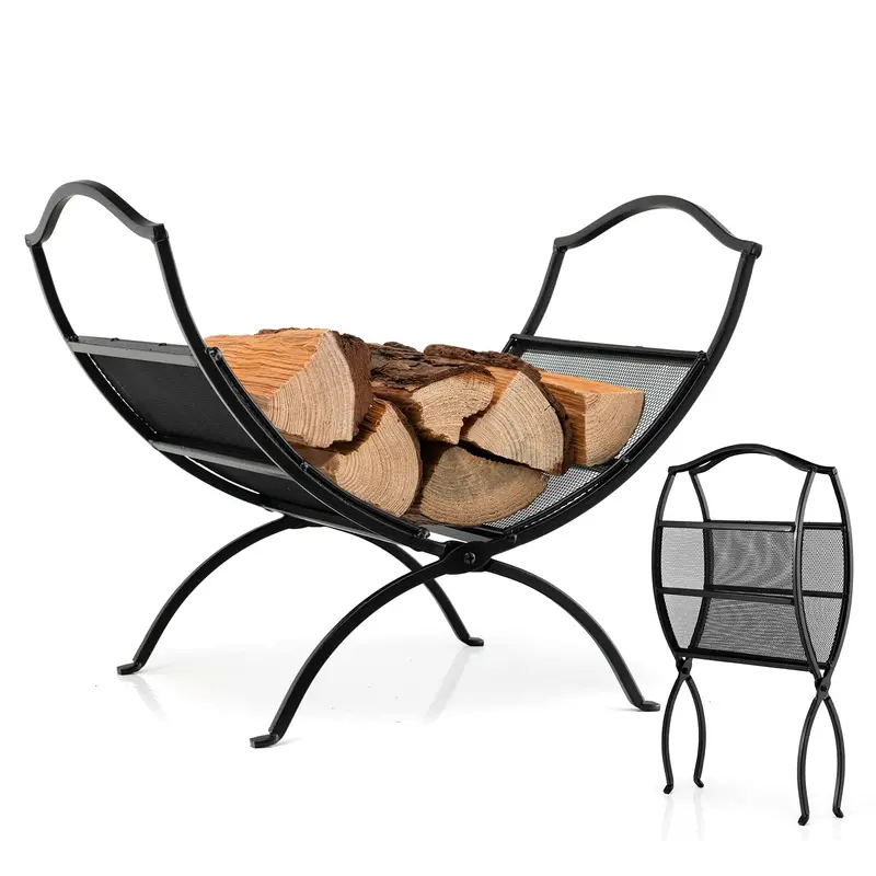 19-Inch Portable Folding Firewood Rack – Sturdy Steel Fireplace Log Carrier