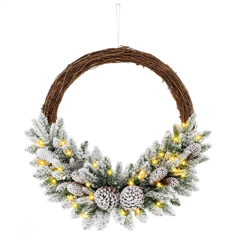 24 in Pre-Lit Snow-Flocked Christmas Wreath – Battery-Powered Holiday Wreath with 35 Warm White LED Lights