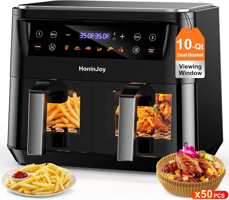 10-Quart Dual-Zone Digital Air Fryer – 10-in-1 Touchscreen Model with Viewing Window, SyncCook, and 50 Paper Liners