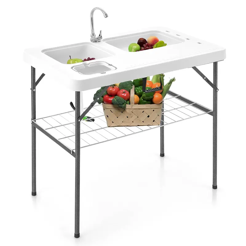 40-Inch Folding Fish Cleaning Table – Dual Stainless Steel Basins and Portable Design