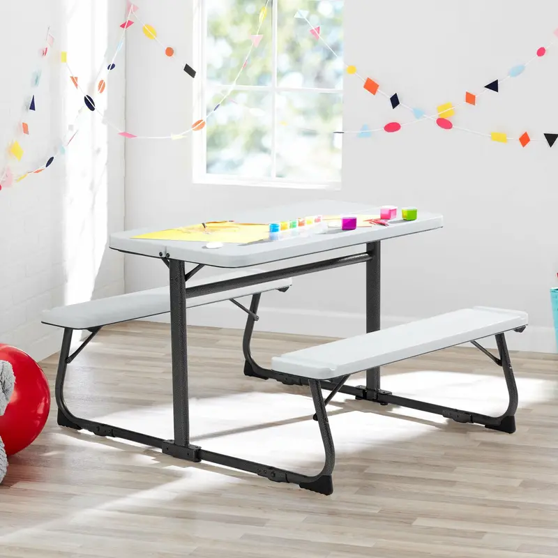 Your Zone Kids Folding Activity Table with Benches – White, Ages 3–8, Space-Saving & Durable