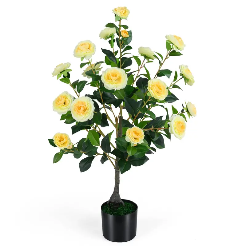 35.5-Inch Faux Camellia Tree with Cement Planter – Lifelike Blooming Plant
