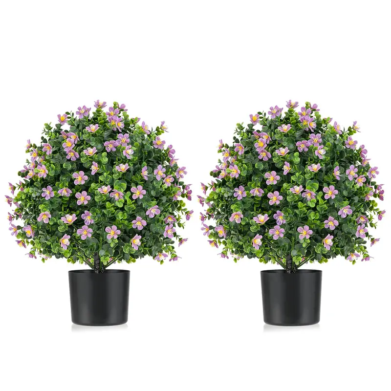 Two-Piece Faux Shrub Set — Lifelike Potted Artificial Plants with Blooming Details