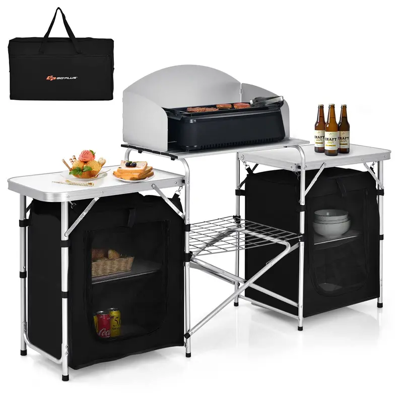 Foldable Camping Kitchen Table with Integrated Storage Compartments