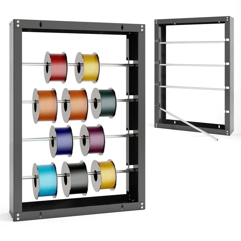 Wall-Mounted Wire Spool Rack — Four-Rod Cable & Ribbon Organizer with Dispensing Design