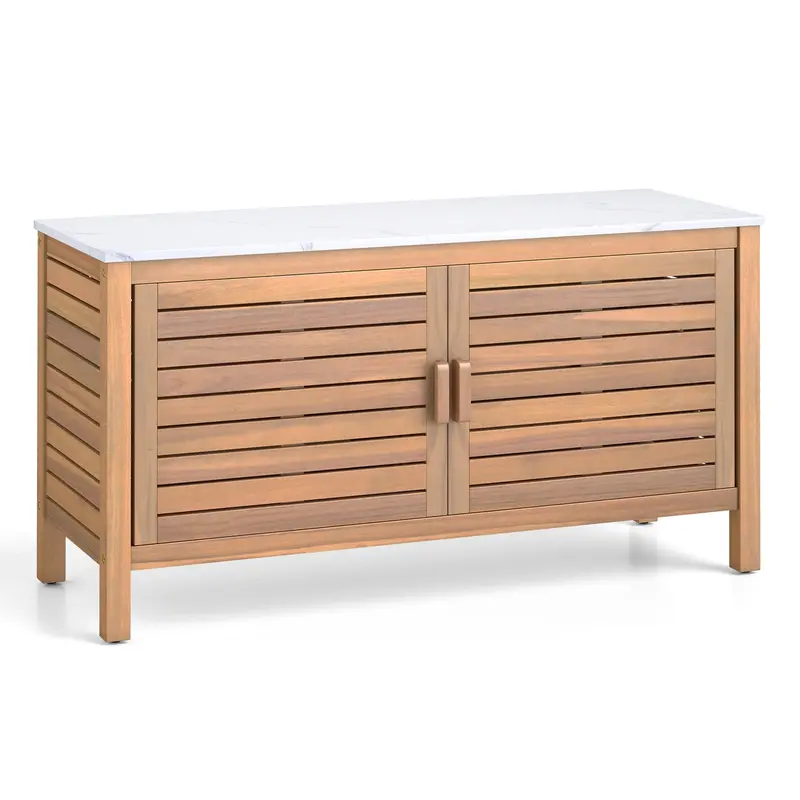 Acacia Wood Patio Storage Cabinet with Two Doors and Faux Marble Top